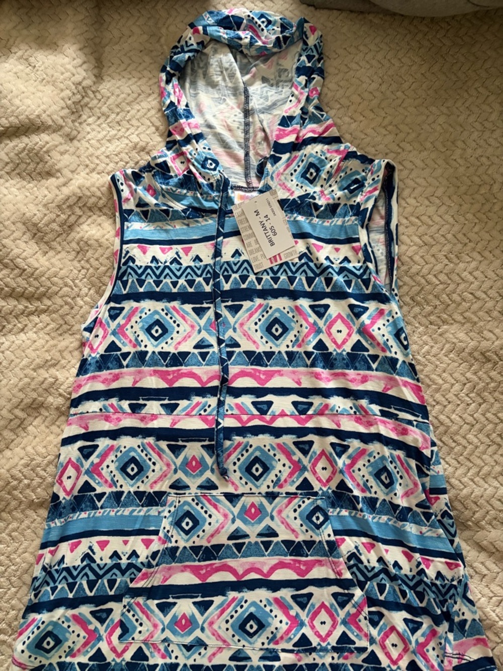 LuLaRoe Sleeveless Hooded Tank in Blue, Pink & White Aztec Print